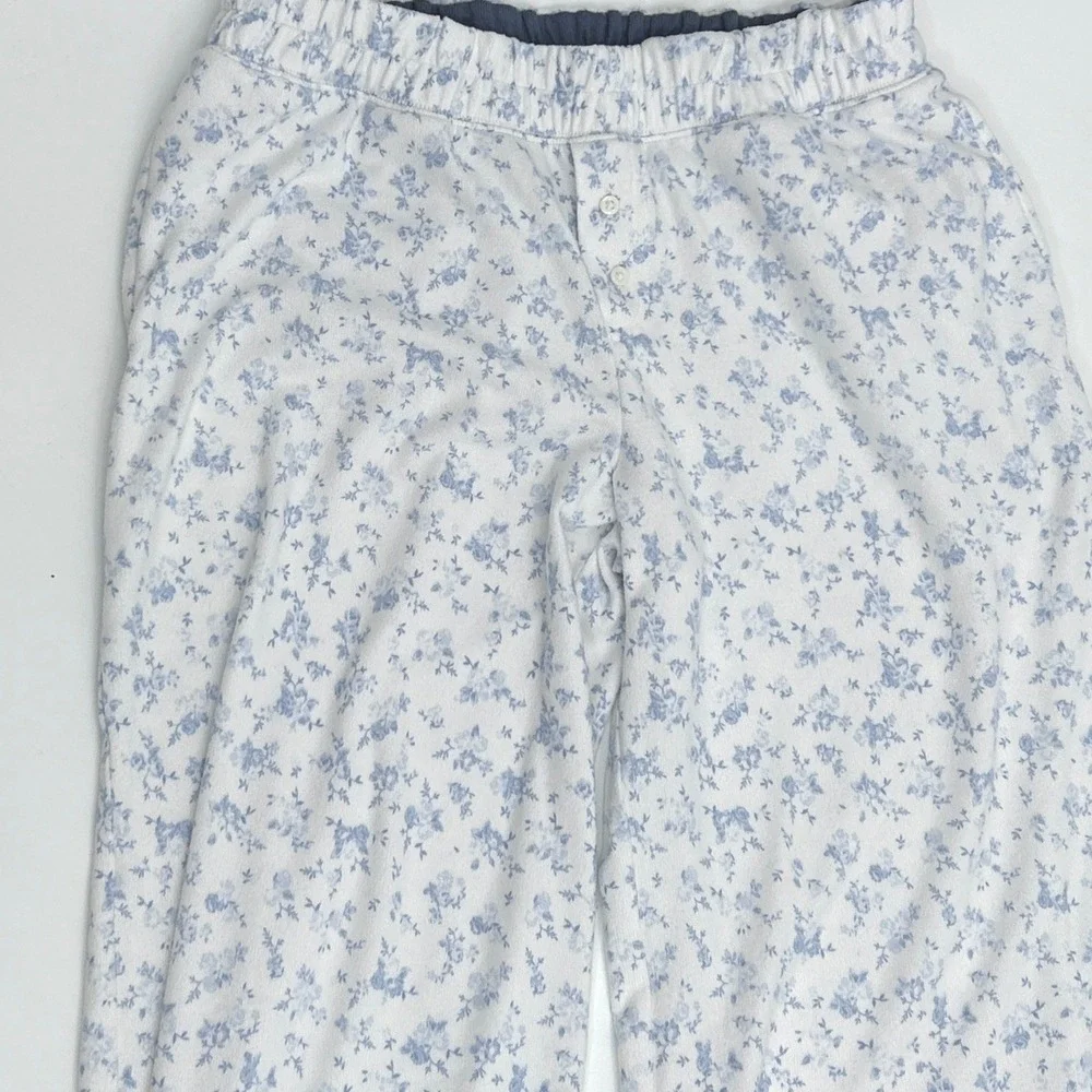 Hollister Blue Floral Flannel Pajama Set Hooded Top Lounge Sleepwear coquette